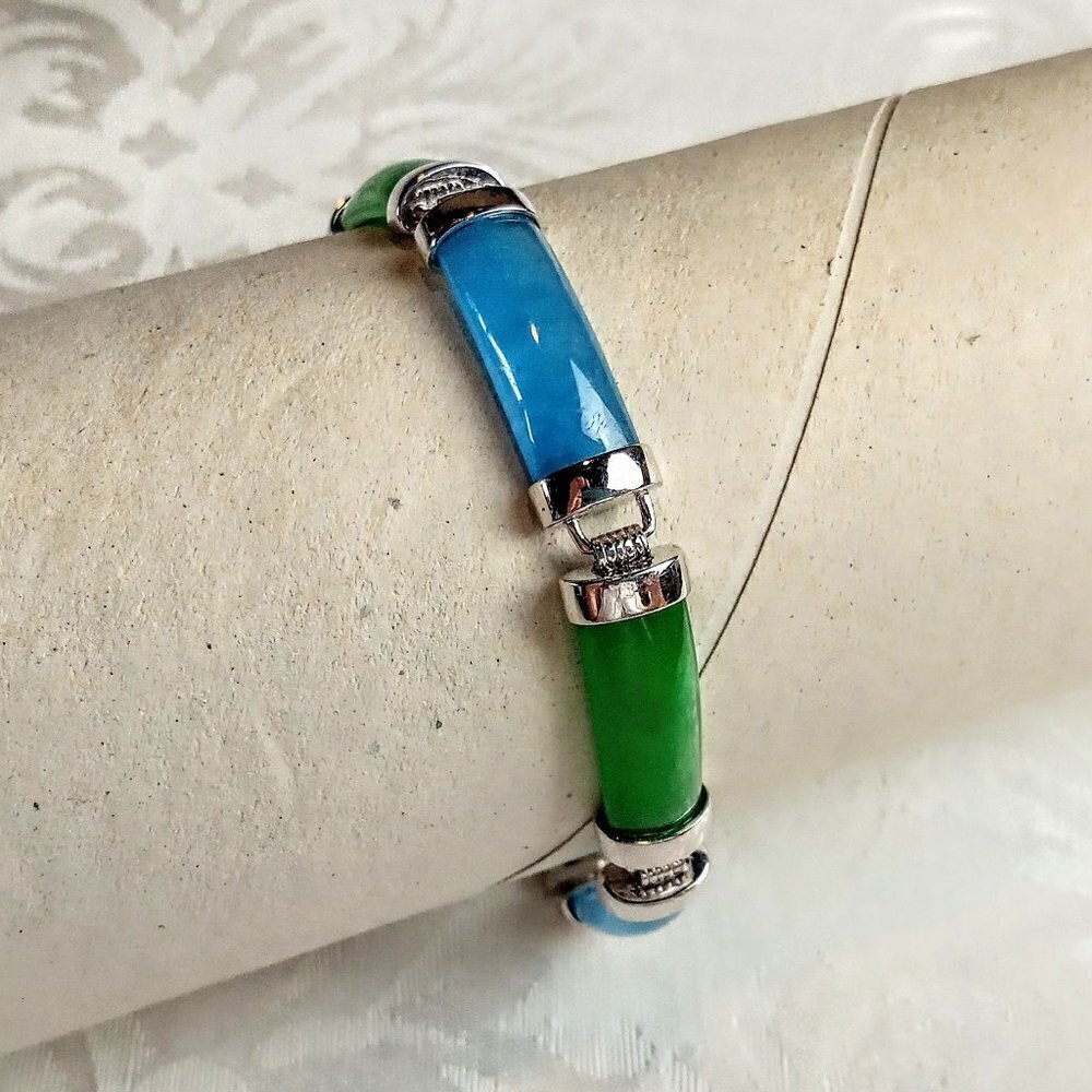 Jade Blue Green Bar Link Sterling Silver Bracelet